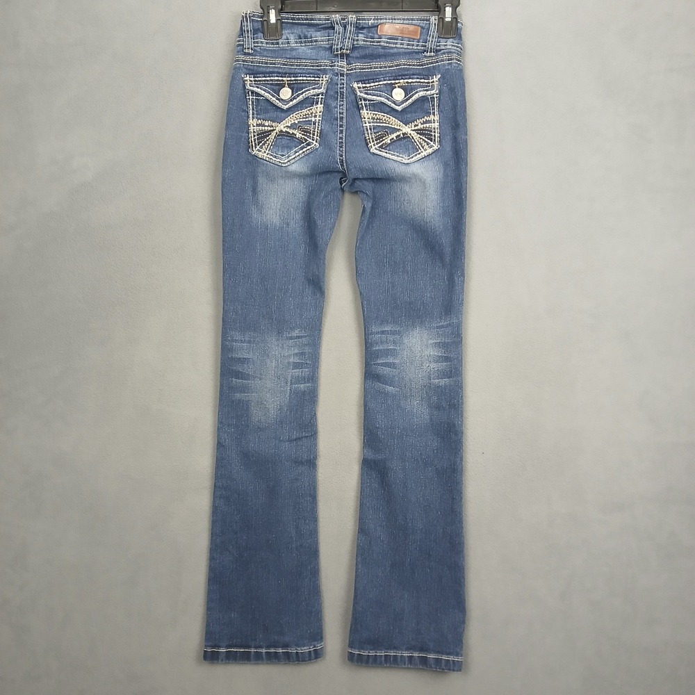 WallFlower Bootcut Jeans Womens 0 Dark Blue Denim Stretch Whiskered Low Rise - Picture 2 of 13